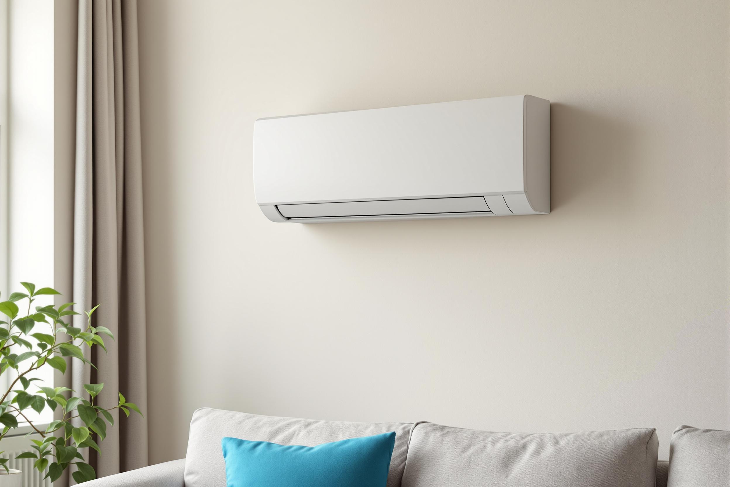 A white wall-mounted split air conditioner above a sofa in a bright living room