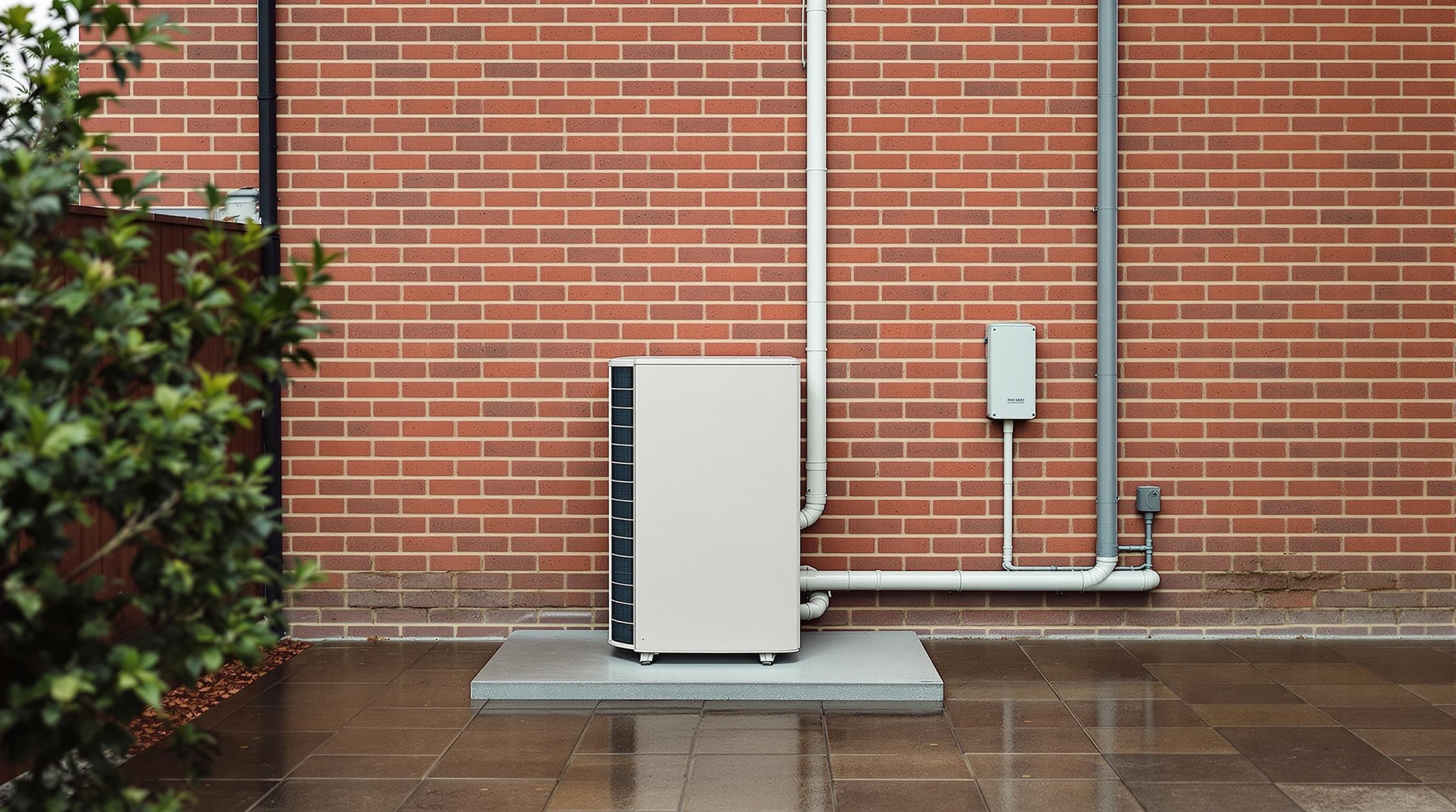 An air-source heat pump on a paved pad beside a red-brick house