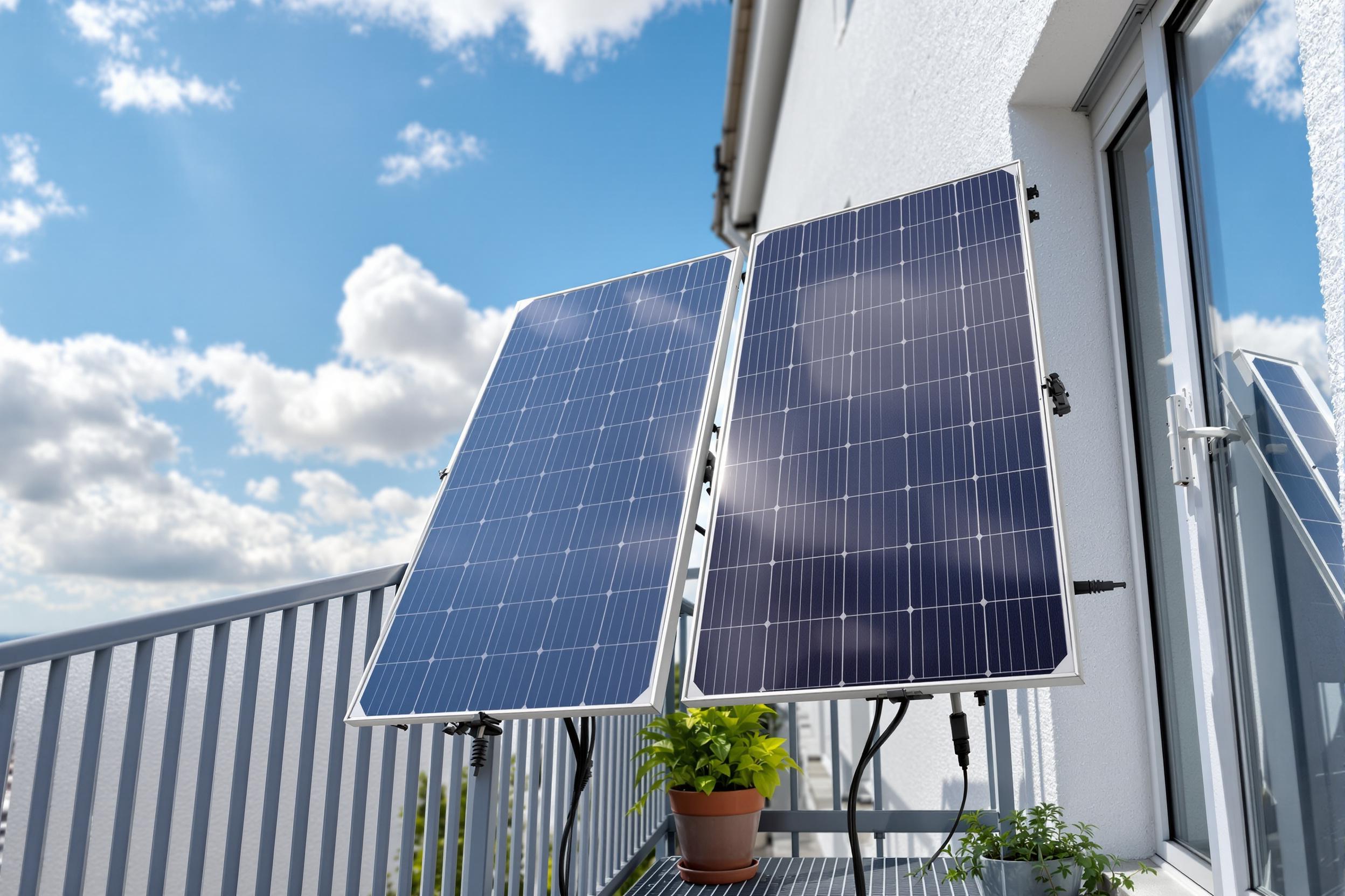 Two plug-in solar panels on a balcony railing under a blue sky