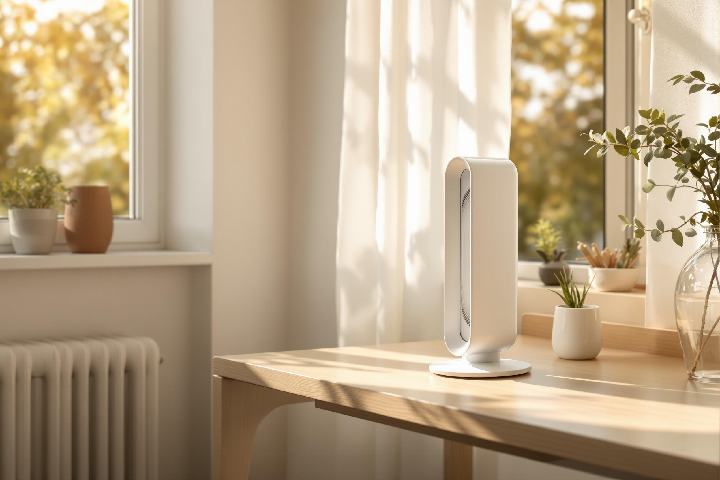 A white fan on a sunlit desk beside a window